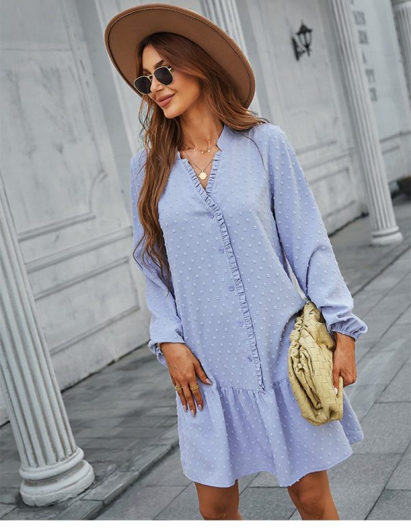 Spring Summer Solid Jacquard Dress For Women Casual Single Breasted V Neck Full Sleeve Ladies Knee Length Dress