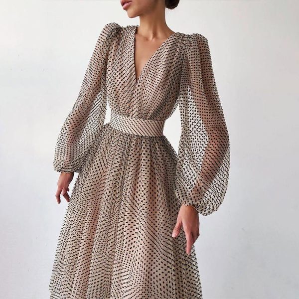 Polka Dot High Waist Midi Dresses Women V-Neck Sweet Long Puff Sleeve Elegant Dress Female 2021 Christmas Lady Party Vestidos - Hplify