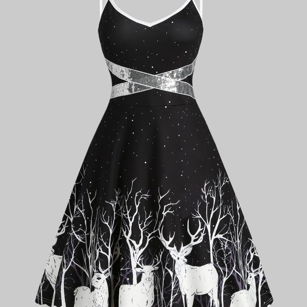 Sequined Reindeer Print Flared Spaghetti Strap Tree High Waist Cami Dress Mid-Calf Sleeveless A-Line Casual Dress