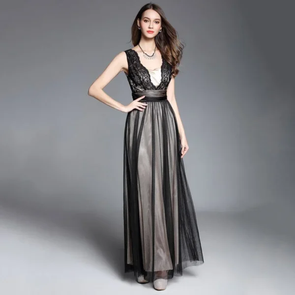 Women's Runway Dresses V Neck Sleeveless Sexy Low V Back Lace Patchwork Elegant Party Prom Long Designer Vestidos Dresses