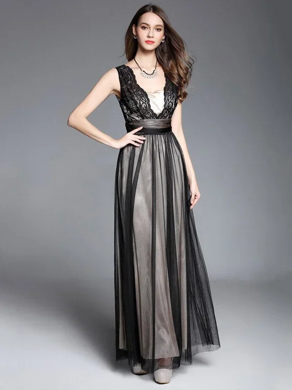 Women's Runway Dresses V Neck Sleeveless Sexy Low V Back Lace Patchwork Elegant Party Prom Long Designer Vestidos Dresses