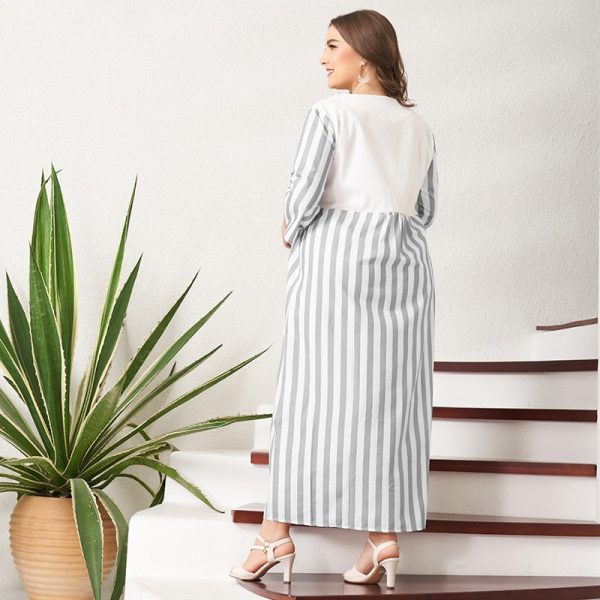 Alternative view of Summer Midi Dress Women Multi-color Floral Striped Chiffon Loose Casual Holiday Stitching V-neck 3/4 Sleeve Long Robes