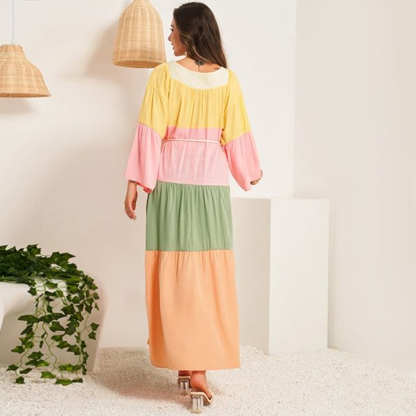Alternative view of Summer Women Dress Multicolor Stitching Flared Long Sleeves Sashes Belted Bohemian Holiday Casual Elegant Maxi Dresses
