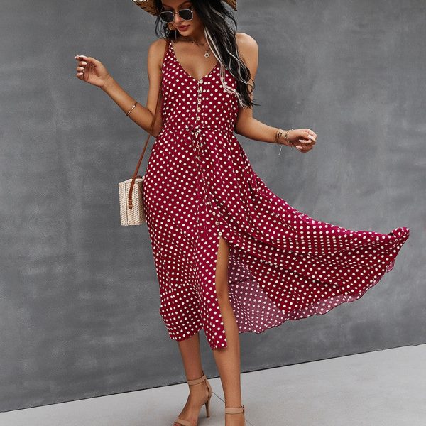 Spring Polka Dot Spaghetti Strap Dress Women Casual V Neck Holiday Style Bandage Dress Ladies High Wasit Summer Dresses