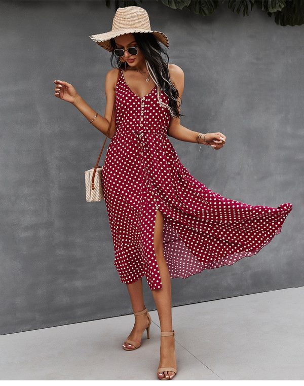 Spring Polka Dot Spaghetti Strap Dress Women Casual V Neck Holiday Style Bandage Dress Ladies High Wasit Summer Dresses