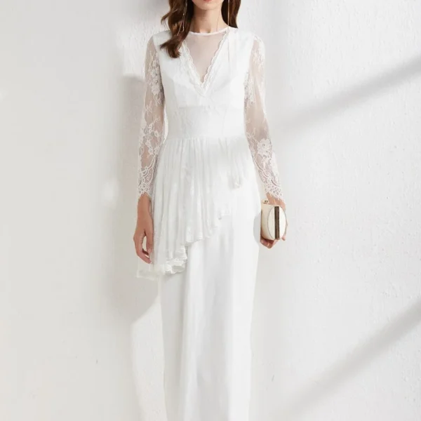 Women's Runway Dresses O Neck Long Sleeves Embroidery Lace Patchwork Ruffles Asymmetrical Split Elegant Maxi Party Evening Prom