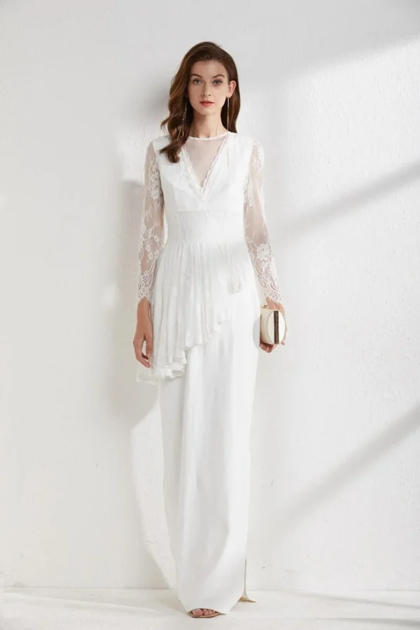 Women's Runway Dresses O Neck Long Sleeves Embroidery Lace Patchwork Ruffles Asymmetrical Split Elegant Maxi Party Evening Prom