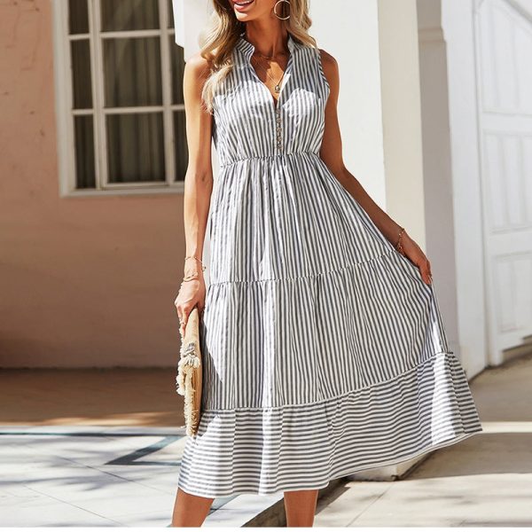Alternative view of V Neck Sleeveless Fold Fashion Striped Women Dress Spring Summer Casual High Waist Sexy Chic Female Dress