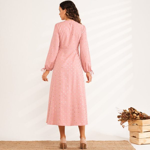Alternative view of Stamping Wave Point Slim Long V-neck Long-sleeved Bow Sweet and Elegant A-line Woman Pink Dress