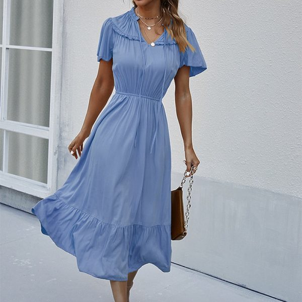 Spring Summer Sweet Solid Long Dress For Women Peter Pan Collar Slim High Wasit Female Casual Short Sleeve Dress