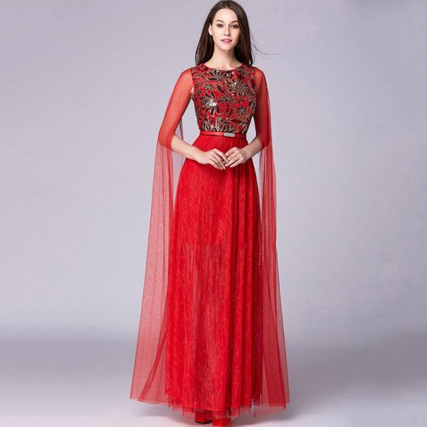 Women's Party Prom O Neck Cape Sleevese Embroidery Lace Patchwork Elegant Fashion Party Prom Long Maxi Designer Gown Vestidos