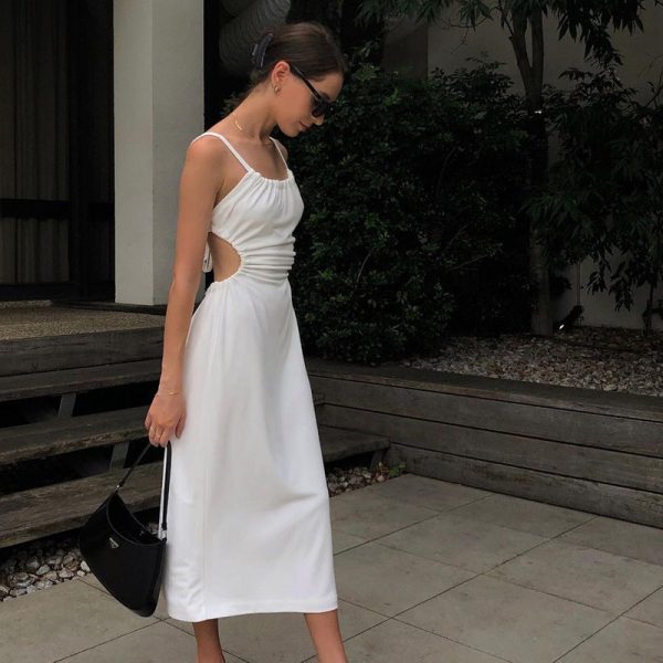 Alternative view of Sexy Open Back Spaghetti Strap Long Dress Women Summer French Style Vacation Beach Sundresses White Black C66-BF27
