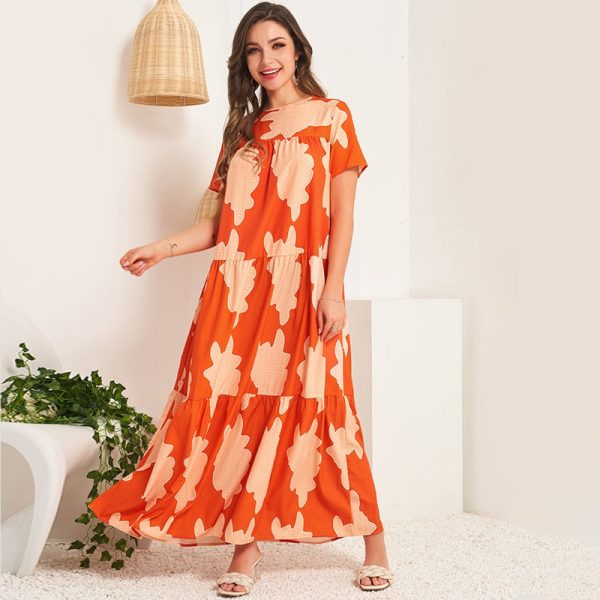 Temperament Round Neck Short Sleeve Long Holiday Sweet Pleated Big Swing Dress