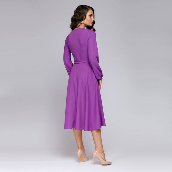 Alternative view of Vintage Sashe A-line Party Dress Women Long Sleeve Sexy V neck Solid Casual Robe Dress  Summer Fashion Midi Dress