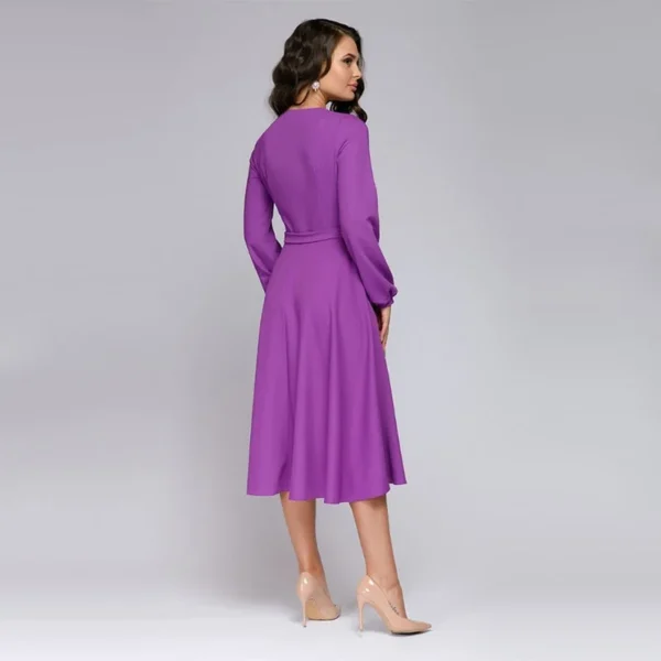 Alternative view of Vintage Sashe A-line Party Dress Women Long Sleeve Sexy V neck Solid Casual Robe Dress  Summer Fashion Midi Dress