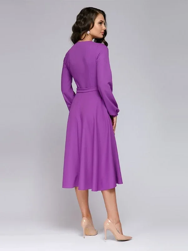 Alternative view of Vintage Sashe A-line Party Dress Women Long Sleeve Sexy V neck Solid Casual Robe Dress  Summer Fashion Midi Dress