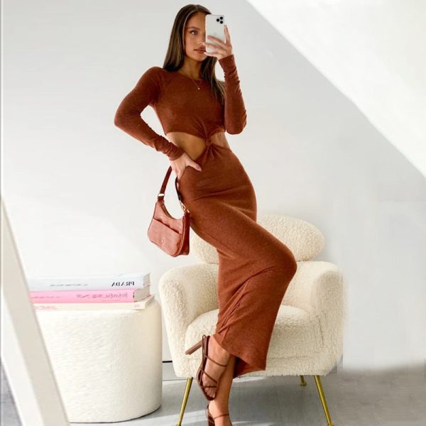 Sexy Twist Front Cutout Long Sleeve Bodycon Dresses for Women  Fall Winter Fashion Elegant Knit Maxi Dress C66CI33