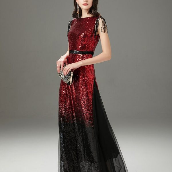 Alternative view of Women's Runway Dresses O Neck Sleeveless Sequined Tassels Color Block Layered Elegant Party Prom Dresses