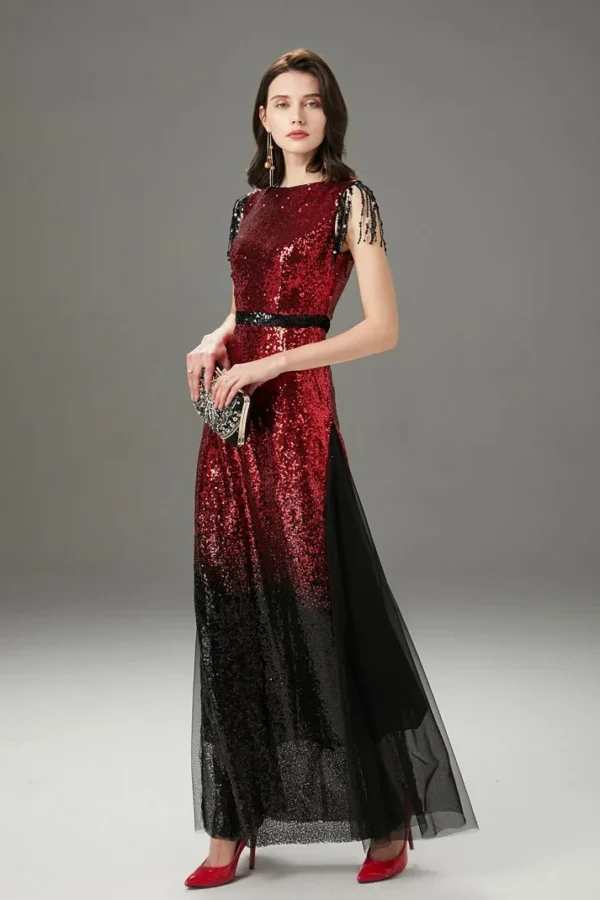 Alternative view of Women's Runway Dresses O Neck Sleeveless Sequined Tassels Color Block Layered Elegant Party Prom Dresses