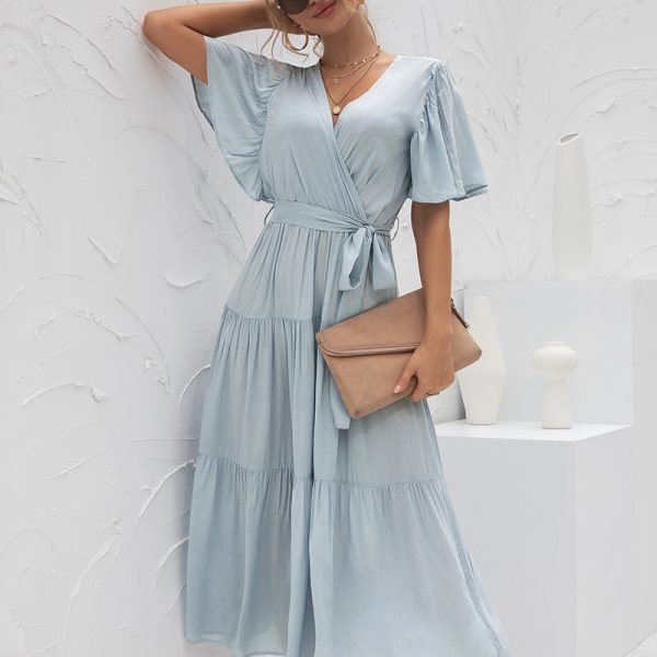 Alternative view of Solid Short Sleeve Fold High Waist V Neck Temperament Female Dress Fashion Pure Spring Summer Chic Ladies Long Dress