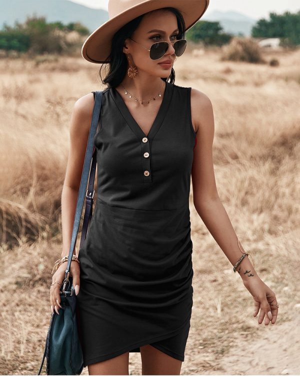 Spring Solid Color Knitted Dress Women Casual Button Sleeveless Sling Summer Sexy Hip Dress