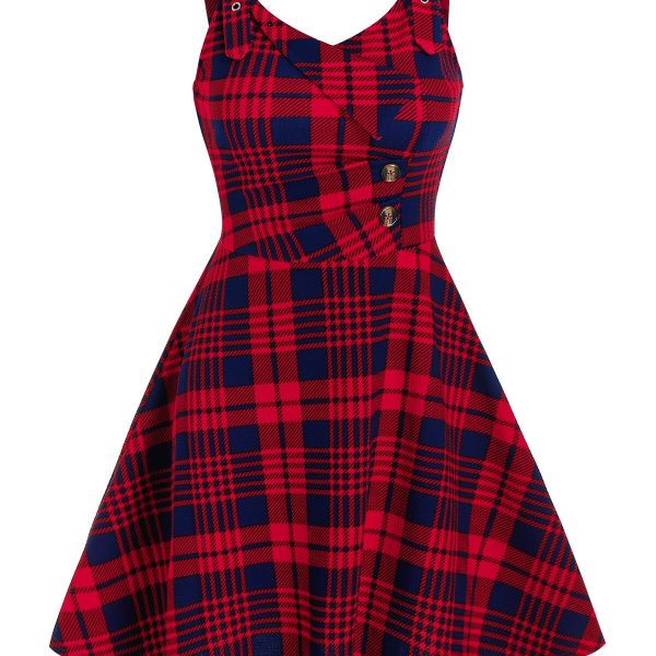 Plaid Pattern Button O Ring Strap Dress