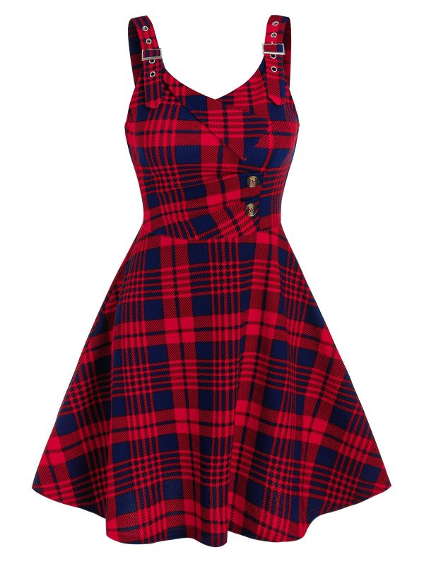 Plaid Pattern Button O Ring Strap Dress