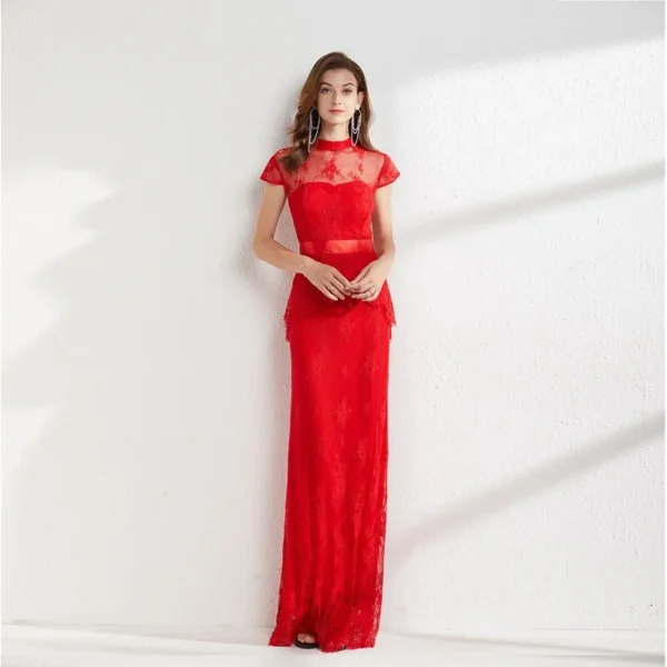 Women's Runway Dresses Stand Collar Short Sleeves Embroidery Lace Ruffles Elegant Long Pencil Evening Party Prom