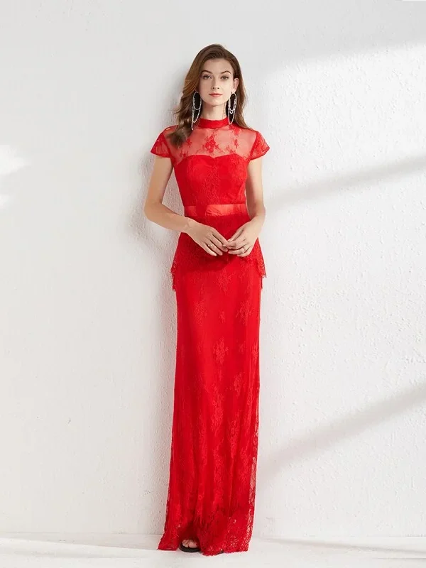 Women's Runway Dresses Stand Collar Short Sleeves Embroidery Lace Ruffles Elegant Long Pencil Evening Party Prom