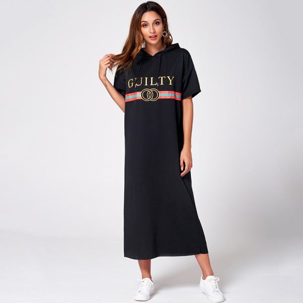 Black Hooded Casual Fashion Loose College Bronzing Letter Print Short Sleeve Long Hemmed Midi Robes