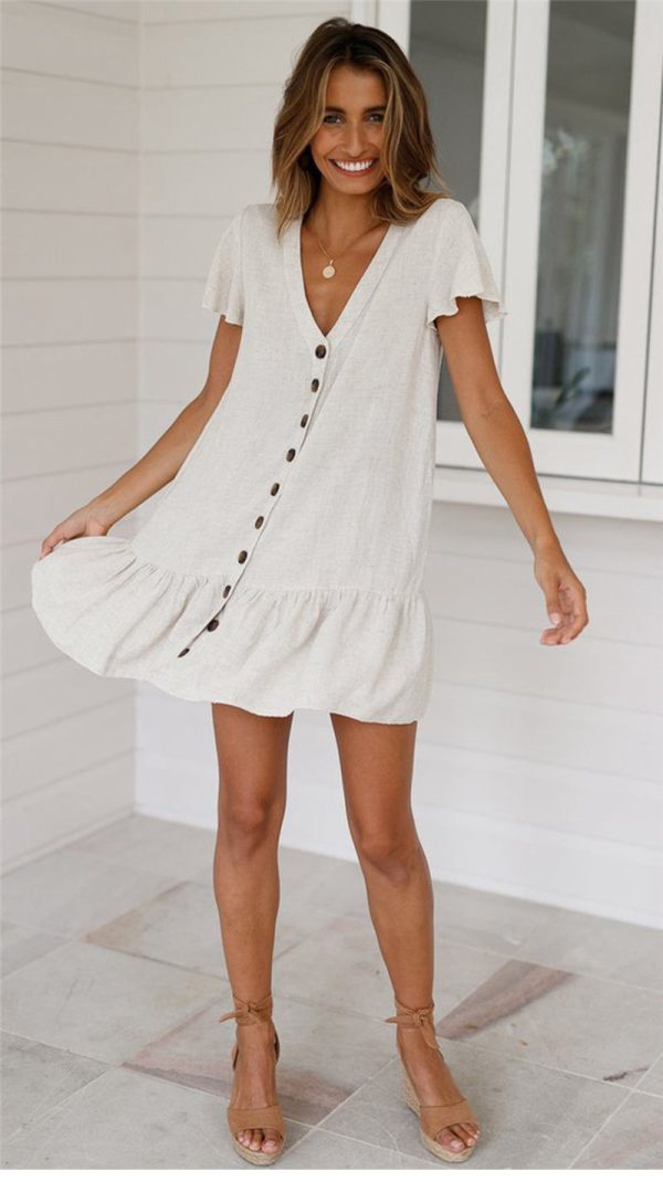 Spring Ruffles Mini Dress Women Casual Solid Color V Neck Elegant Full Sleeve Button Summer Dress