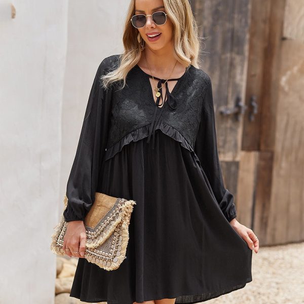 Spring Summer Fashion Chic Womne Dress Ruffles V Neck Long Sleeve High Waist Solid Ladies Dress