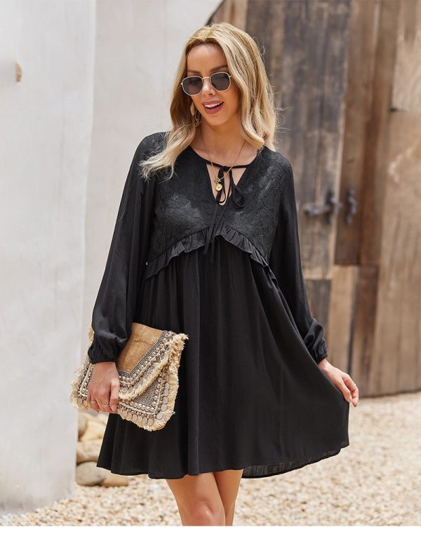 Spring Summer Fashion Chic Womne Dress Ruffles V Neck Long Sleeve High Waist Solid Ladies Dress