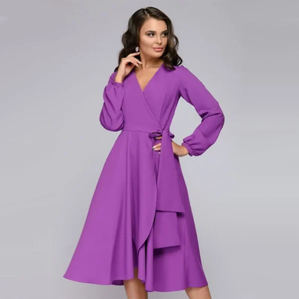 Vintage Sashe A-line Party Dress Women Long Sleeve Sexy V neck Solid Casual Robe Dress  Summer Fashion Midi Dress