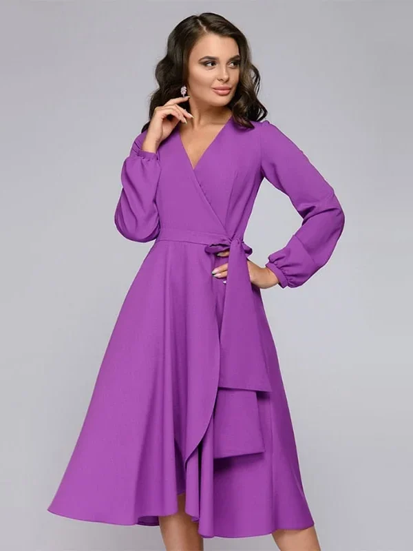 Vintage Sashe A-line Party Dress Women Long Sleeve Sexy V neck Solid Casual Robe Dress  Summer Fashion Midi Dress