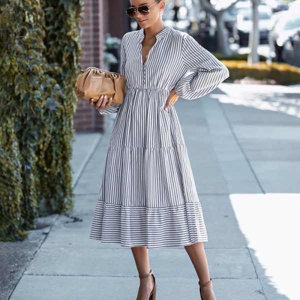 Fashion Women V Neck Loose Striped Dress Early Spring Long Sleeve A Line Casual All Match Chic Printed Dresses