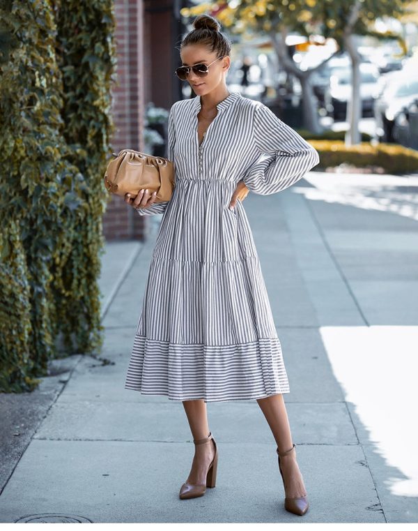 Fashion Women V Neck Loose Striped Dress Early Spring Long Sleeve A Line Casual All Match Chic Printed Dresses