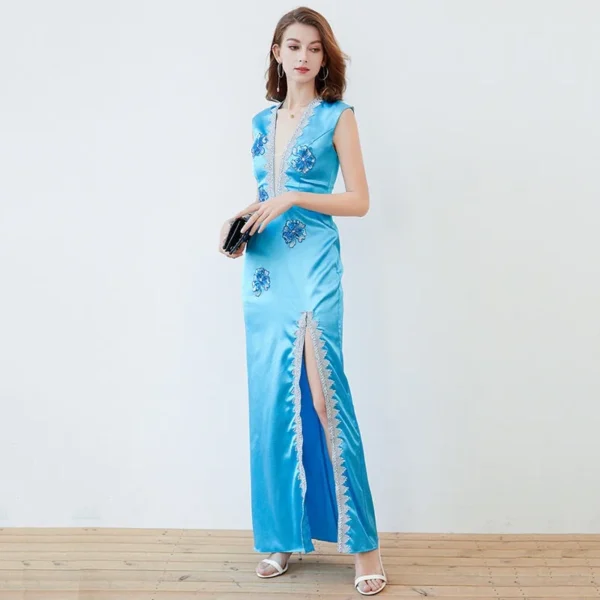 Alternative view of Women's Party Prom Sexy V Neck Sleeveless Split Piping Beaded Appliques Elegant Designer Long Maxi Dress