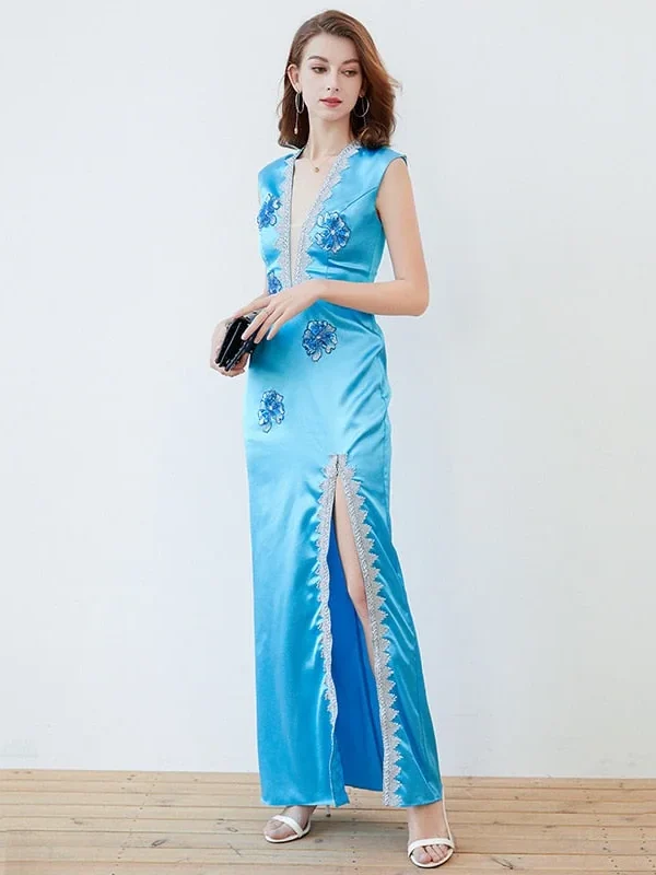 Alternative view of Women's Party Prom Sexy V Neck Sleeveless Split Piping Beaded Appliques Elegant Designer Long Maxi Dress