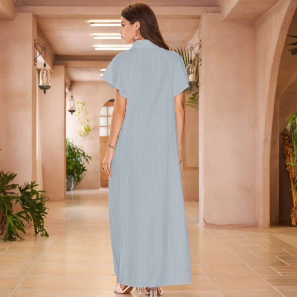 Alternative view of Solid Color Lapel Lotus Leaf Sleeve Long Commuter Sweet Big a Swing Loose and Versatile Blue Woman Dress