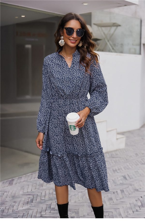 Medium Long Slim Print Dress Women Casual V Neck Autumn Winter Full Sleeve Dress For Women Elegant