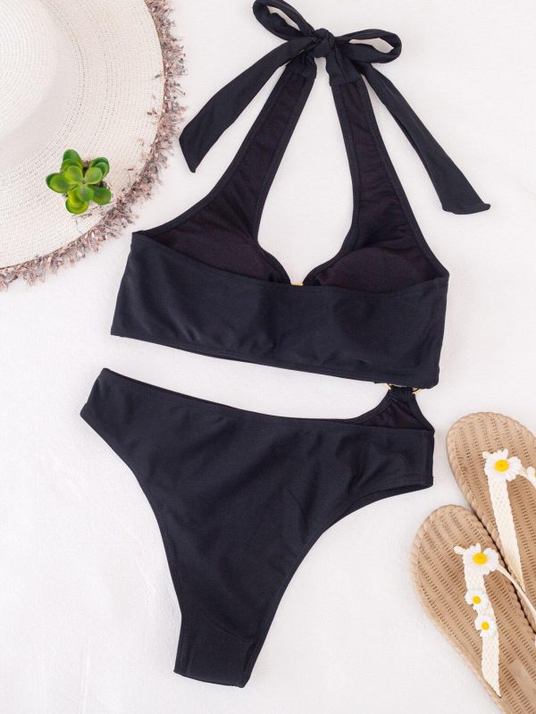 Black One Piece Swimsuits Women Push Up Swimwear Cut Out Monokini Sexy High Cut Bodysuits Bandage Halter Bathers 2021 New - Hplify