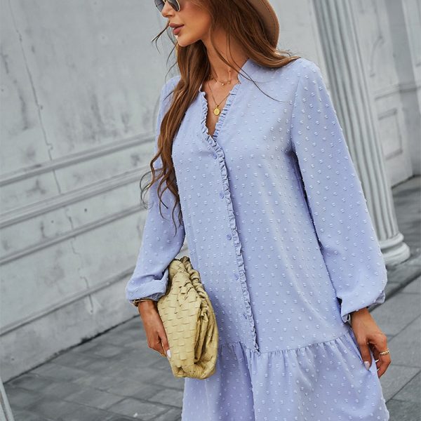Alternative view of Spring Summer Solid Jacquard Dress For Women Casual Single Breasted V Neck Full Sleeve Ladies Knee Length Dress