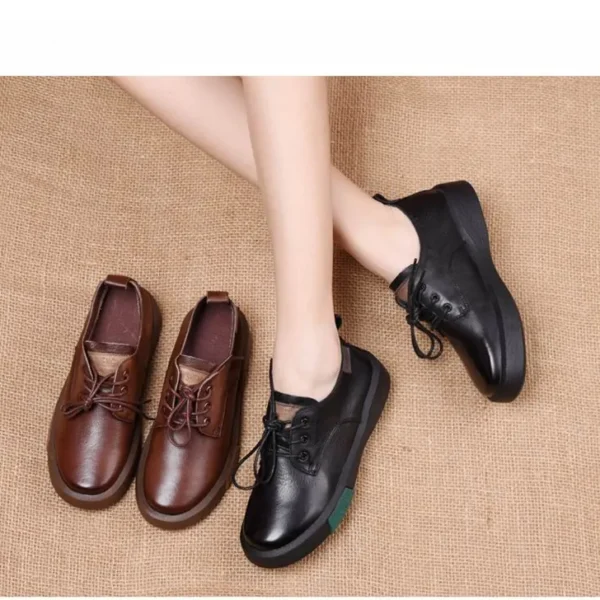 Sneakers Women Genuine Cow Leather Round Toe Lace-Up Ladies Retro Casual Flat Shoes Handmade Loafers