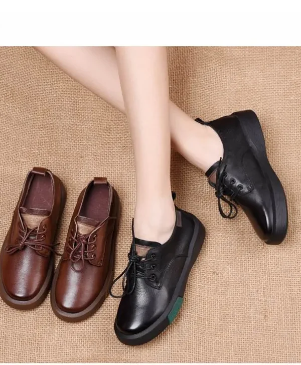 Sneakers Women Genuine Cow Leather Round Toe Lace-Up Ladies Retro Casual Flat Shoes Handmade Loafers
