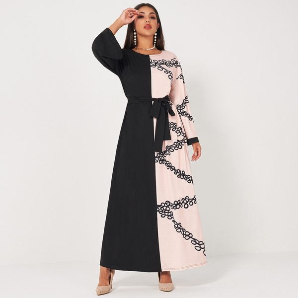 New Summer Women Long Dress Print Black & Pink Patchwork Round Neck Wide Belt A-Line Casual Elegant Long Sleeves Dresses