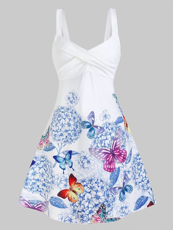 Plus Size Summer Sexy Dress Sleeveless Butterfly And Flower Print Crossover Dress Spaghetti Strap Women Mini Party Dress