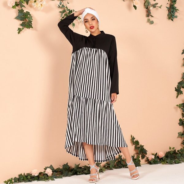 Ladies Elegant and Fashionable Color Matching Loose Striped Asymmetrical Dress Long Dress (without Heads