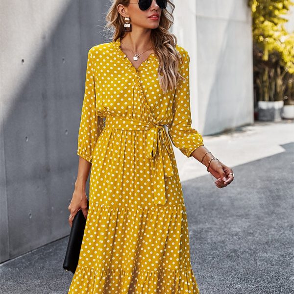 Autumn Winter Dot Bandage Dress Women Casual Ruffles V Neck High Waist Slim Print Long Dress Fashion