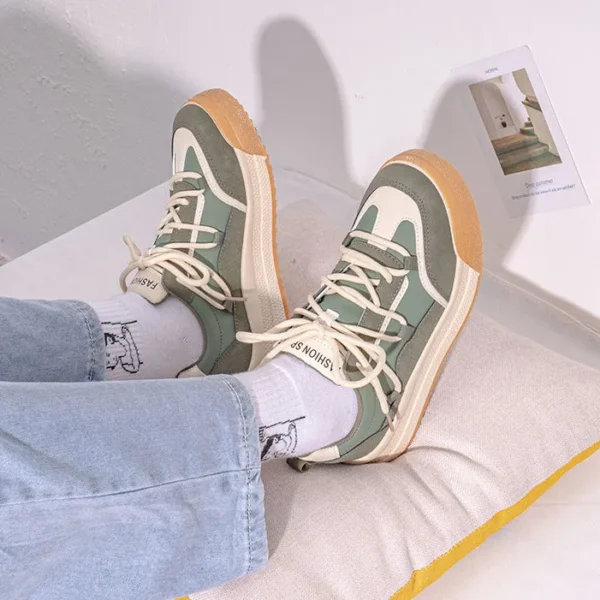 Alternative view of Elegant Women Sneaekrs  New Fashion Breathable PU Leather Sneakers Korean Style Mixed-Color Lace-Up Platform Shoes For Women